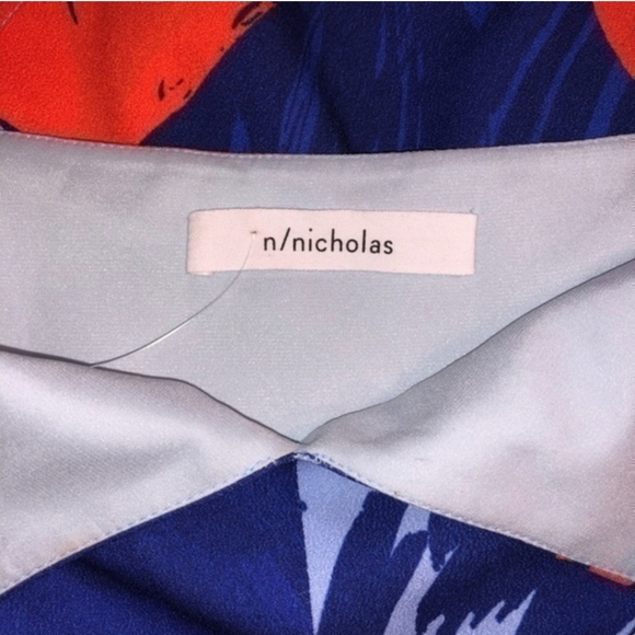 NICHOLAS Red and Blue Palm Print Crepe Halter Dress, Handkerchief Hem, EUC, 4 - Picture 9 of 11